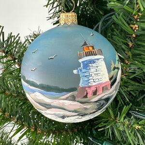 Hand-Painted Blue Lighthouse Glass Ornament - Home Holiday